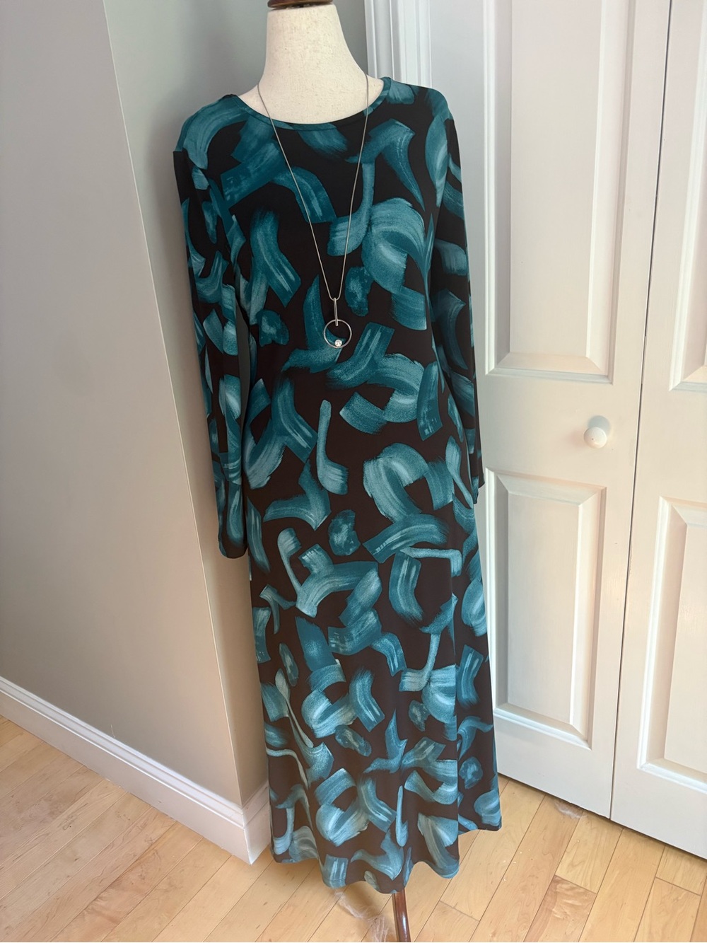 Chico's Black Maxi Dress with Teal Brushstroke Print